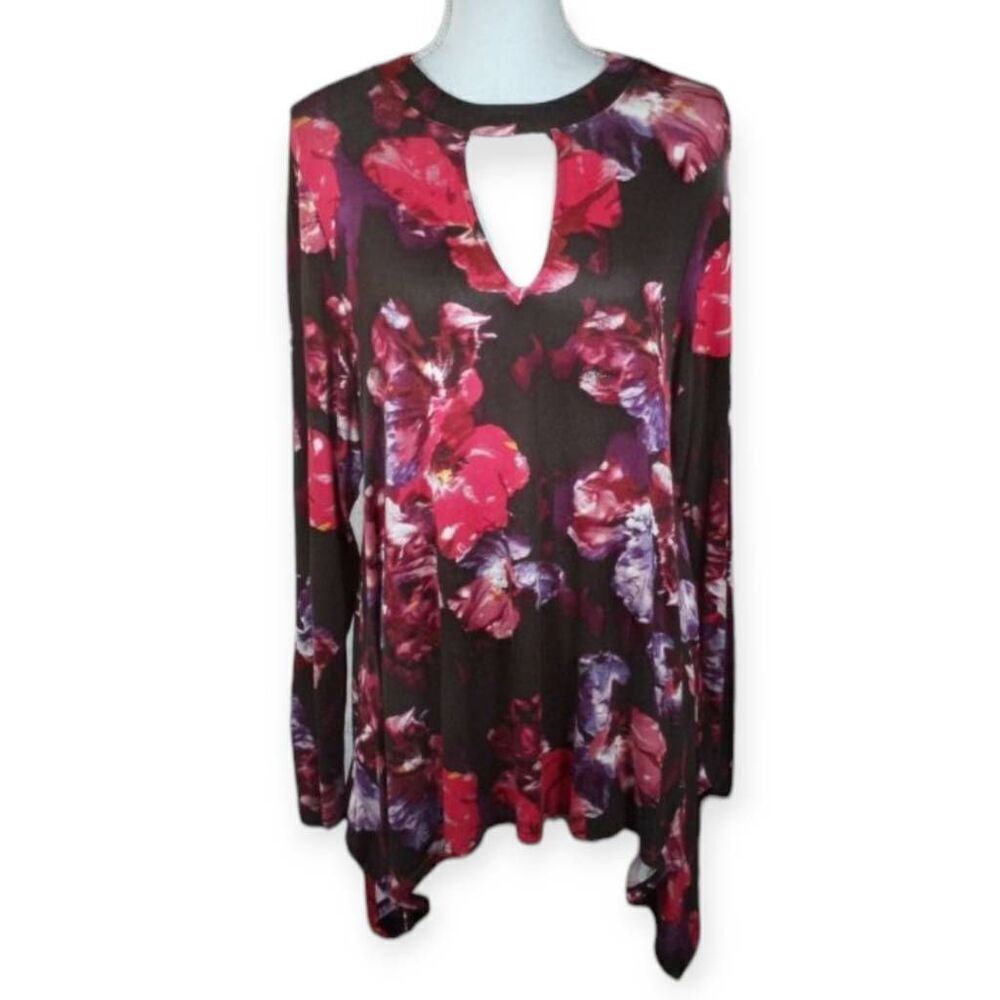 JENNIFER LOPEZ KEYHOLE BLACK, PURPLE, & PINK FLORAL TUNIC SZ.M/L EUC